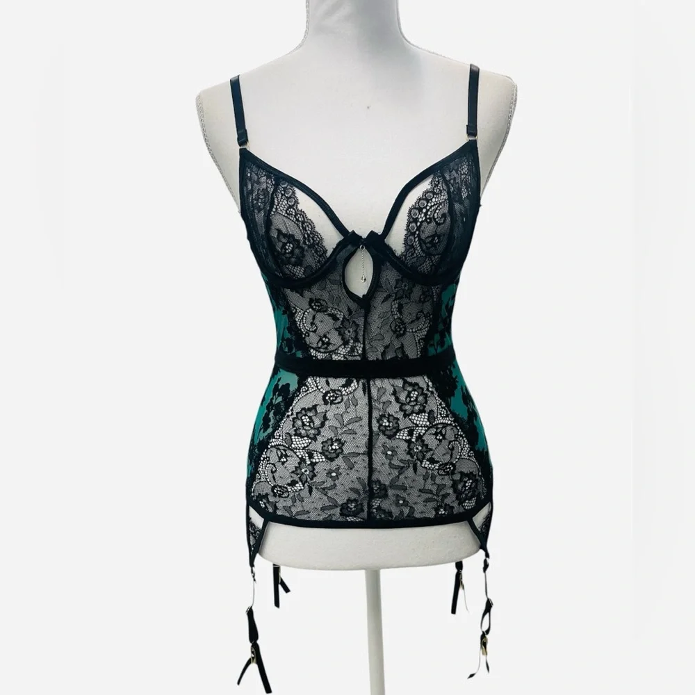 Seven Til Midnight Black Green Floral Garter Chemise Lingerie Mesh Sexy‎ Bustier